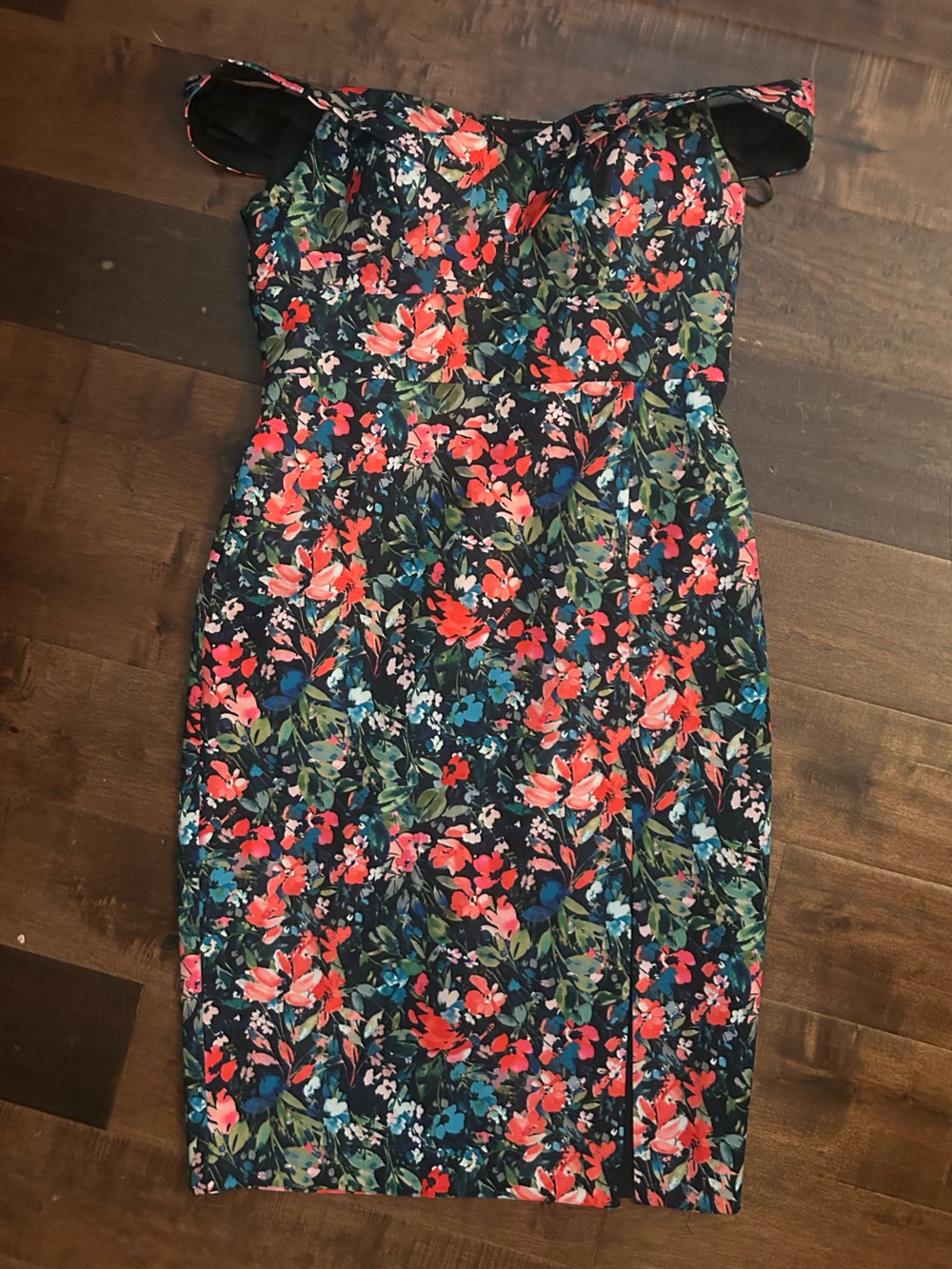 Aidan Mattox Black dress sweetheart cut off shoulder midi Coral and Teal Floral